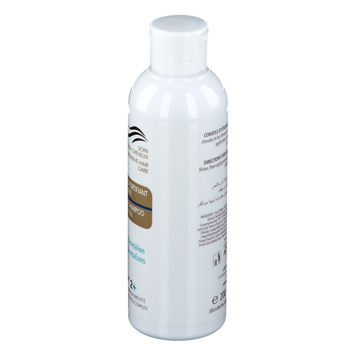 Flacon blanc avec étiquette bleu et or. Shampooing pour hommes. Dos avec texte et ingrédients. Ecrinal.