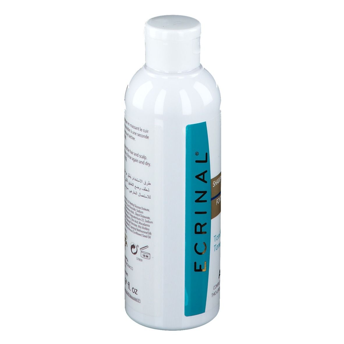 Flacon blanc avec étiquette bleu et or. Shampooing pour hommes. Logo Ecrinal et nom du produit.