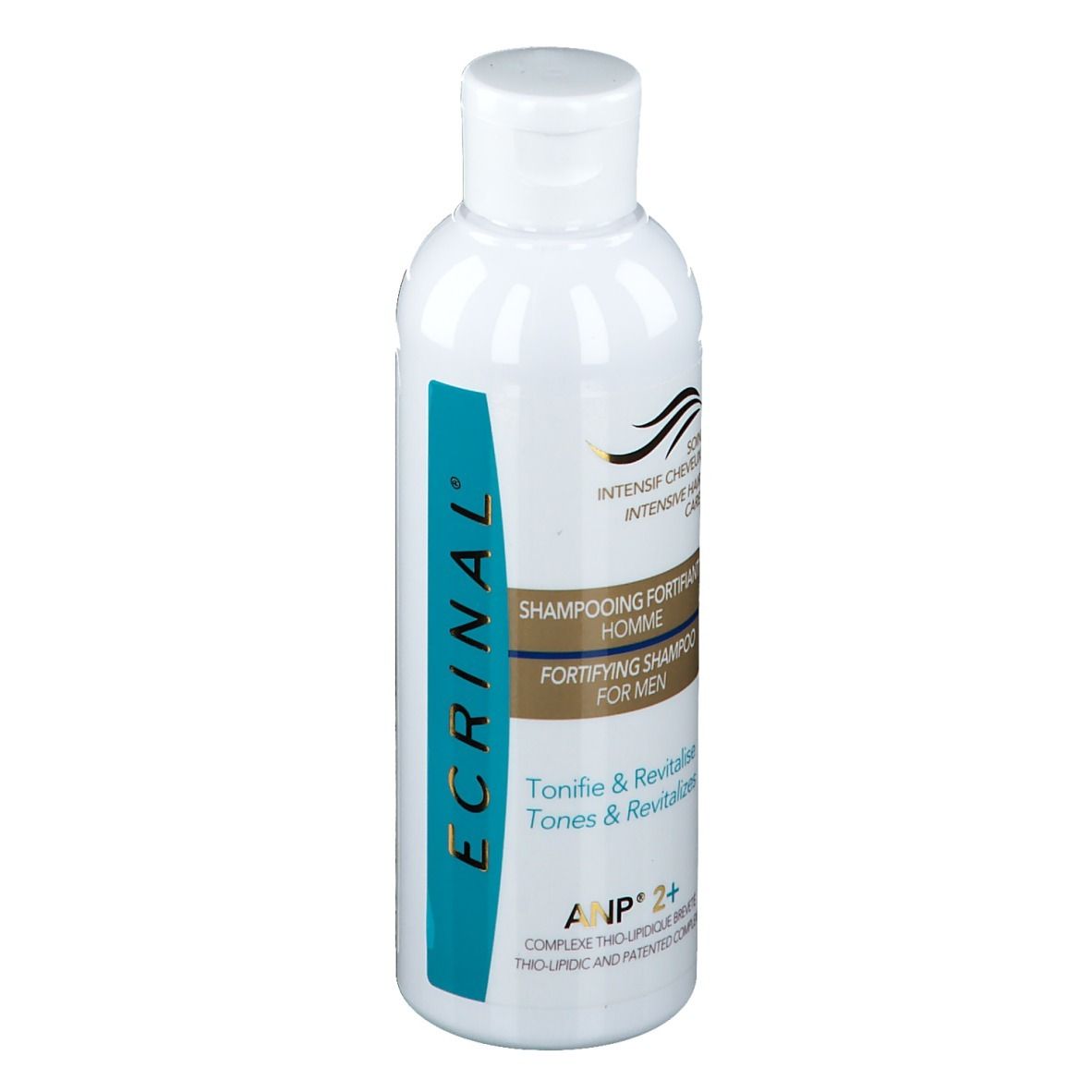 Flacon blanc avec étiquette bleu et or. Shampooing pour hommes. Logo Ecrinal et nom du produit.