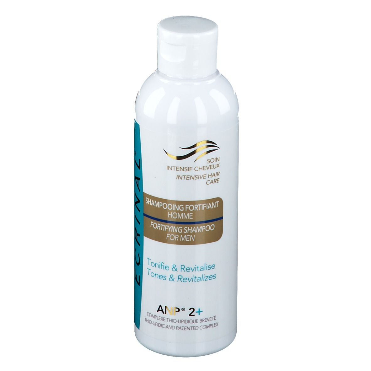 Flacon blanc avec étiquette bleu et or. Shampooing pour hommes. Logo Ecrinal et nom du produit.