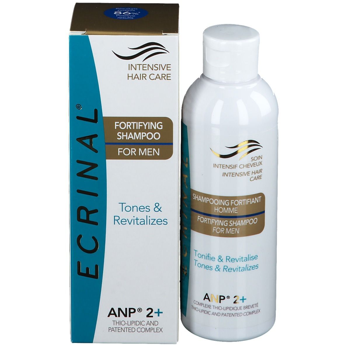 Emballage produit avec flacon. Shampooing pour hommes. Boîte et flacon avec logo Ecrinal et nom du produit.