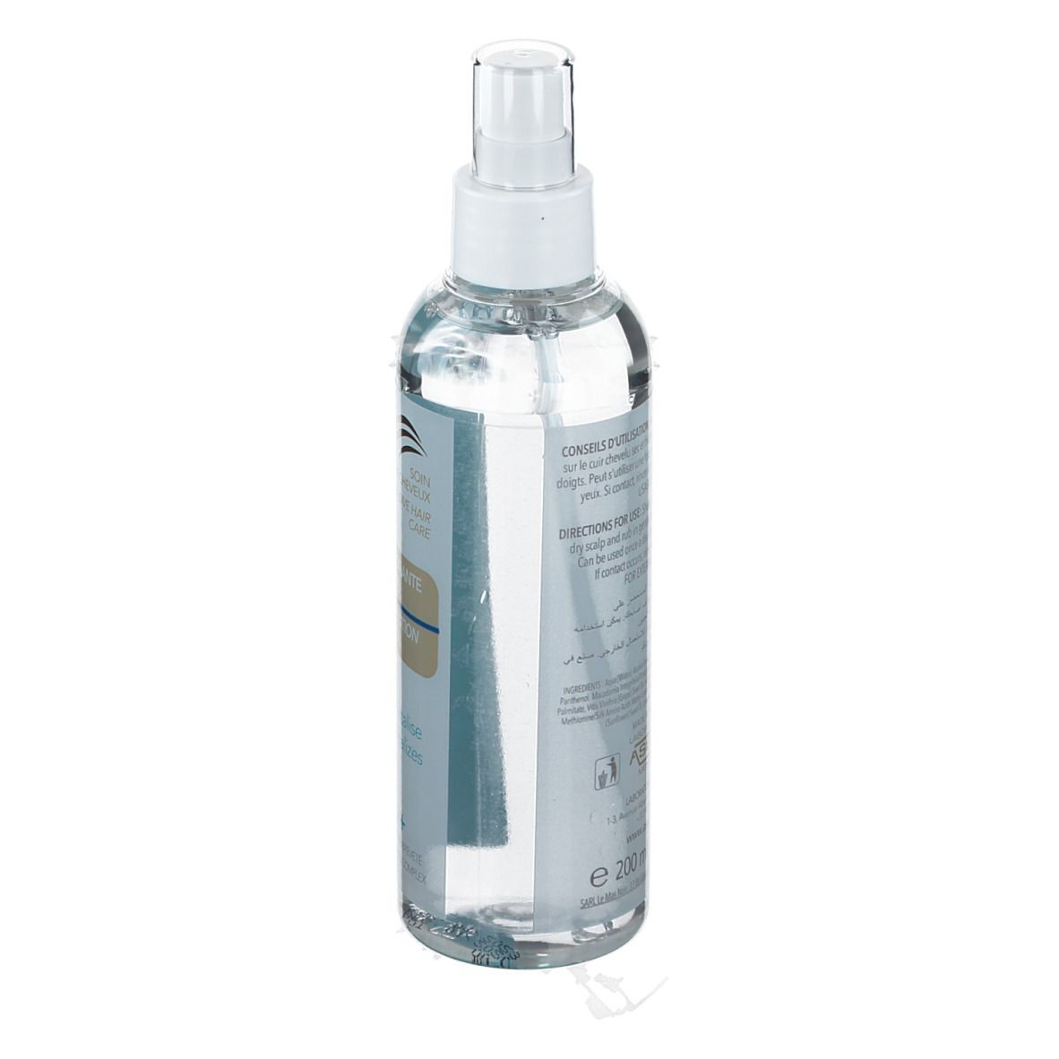 Dos du flacon pulvérisateur avec texte. Contient des informations sur l'utilisation et les ingrédients. Volume: 200 ml.