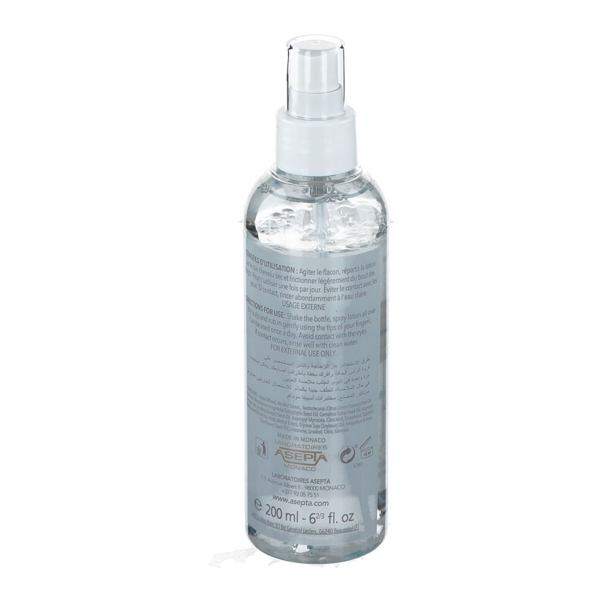 Dos du flacon pulvérisateur avec texte. Contient des informations sur l'utilisation et les ingrédients. Volume: 200 ml.