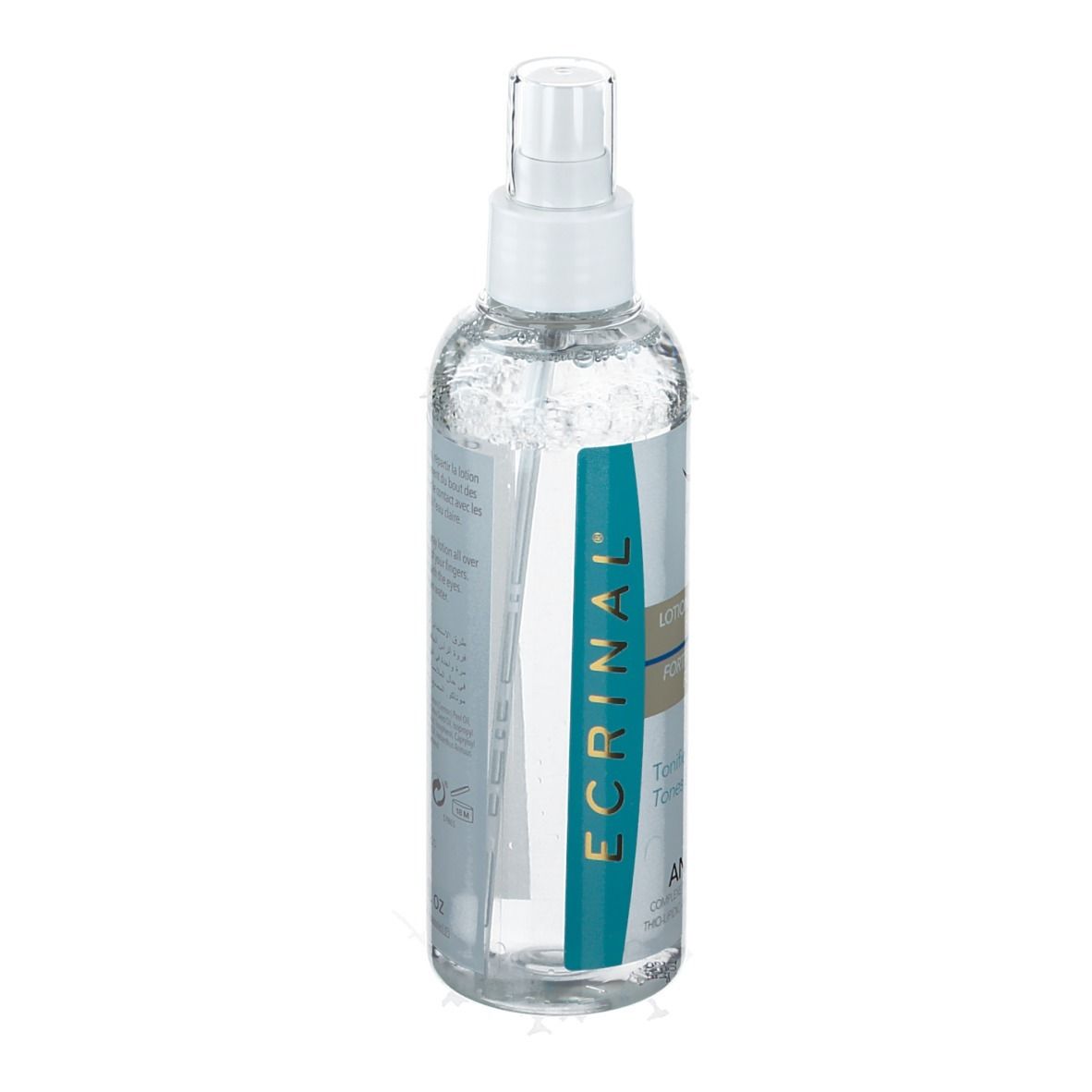 Flacon pulvérisateur avec étiquette bleue. Inscription: ECRINAL, Lotion Fortifiante, ANP 2+.