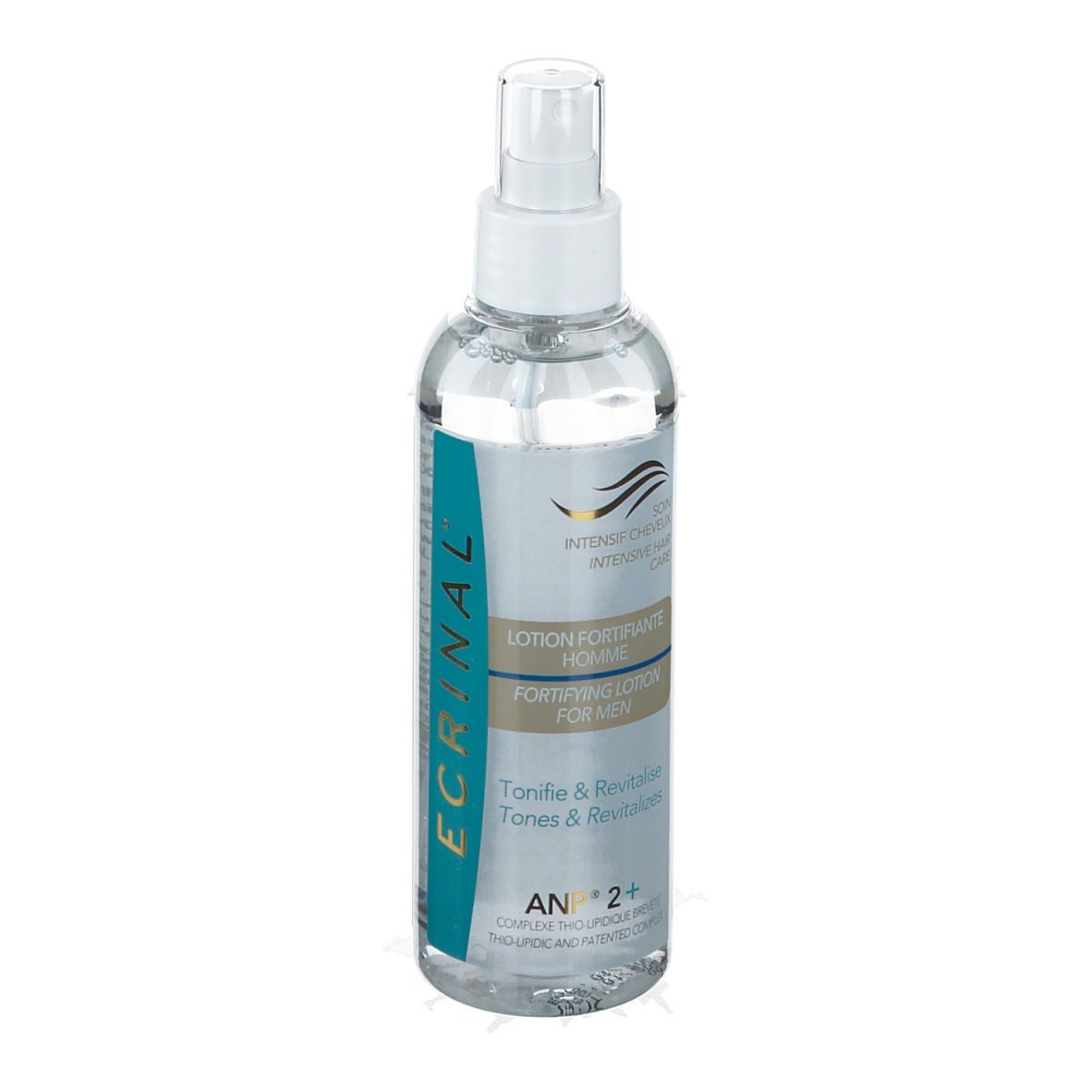 Flacon pulvérisateur avec étiquette bleue. Inscription: ECRINAL, Lotion Fortifiante Homme, ANP 2+.