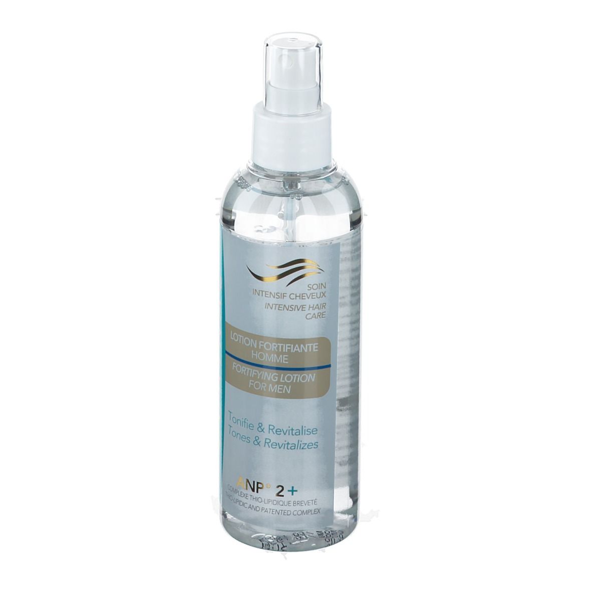Flacon pulvérisateur avec étiquette bleue. Inscription: ECRINAL, Lotion Fortifiante Homme, ANP 2+.