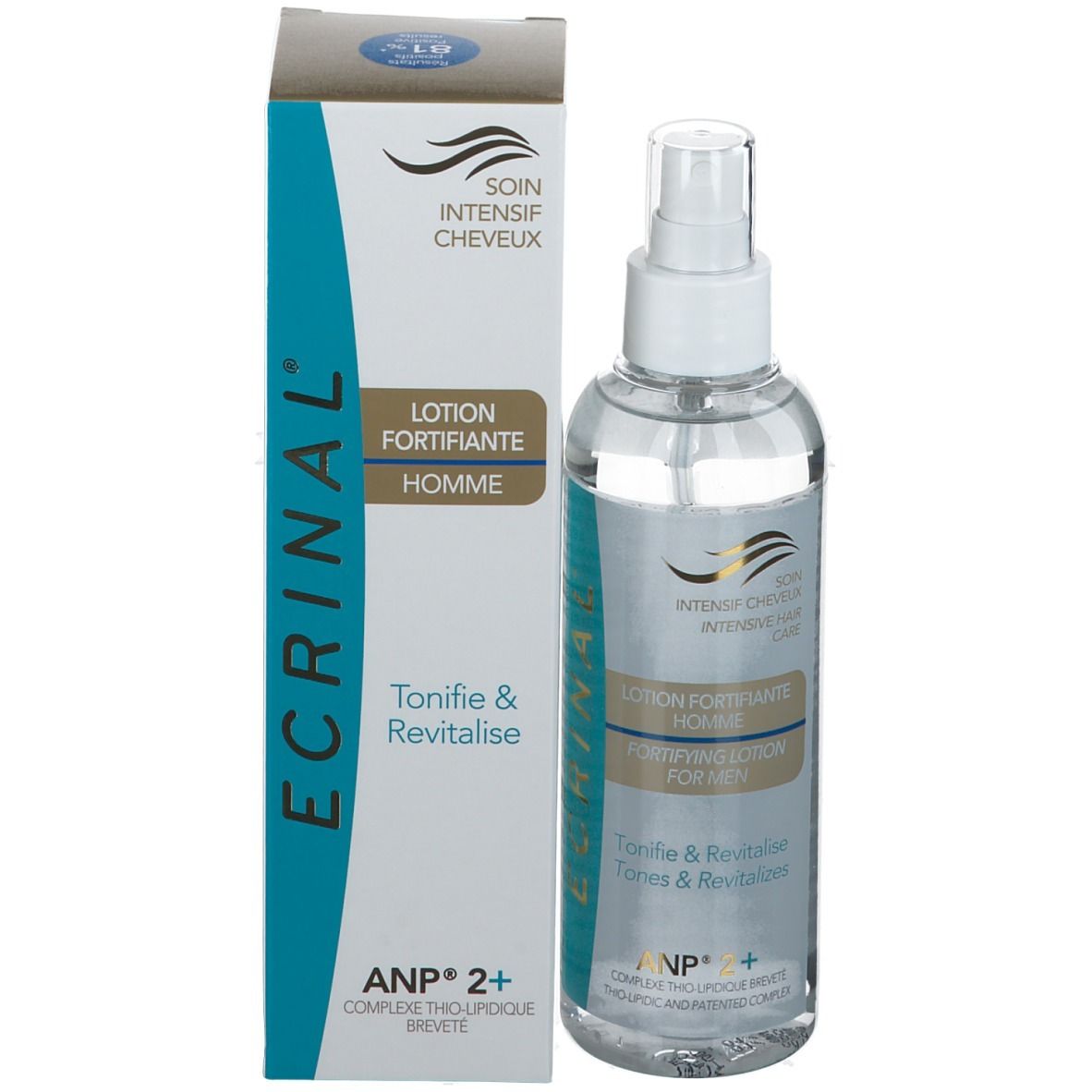 Emballage du produit et flacon pulvérisateur. Inscription: ECRINAL, Lotion Fortifiante Homme, ANP 2+.
