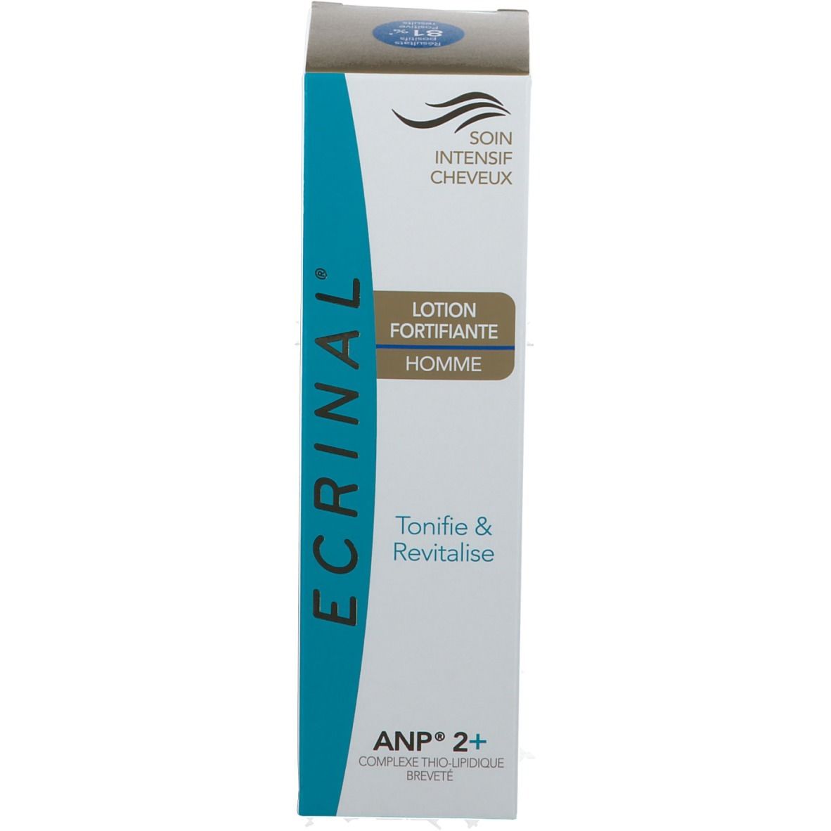 Emballage du produit. Inscription: ECRINAL, Lotion Fortifiante Homme, ANP 2+.