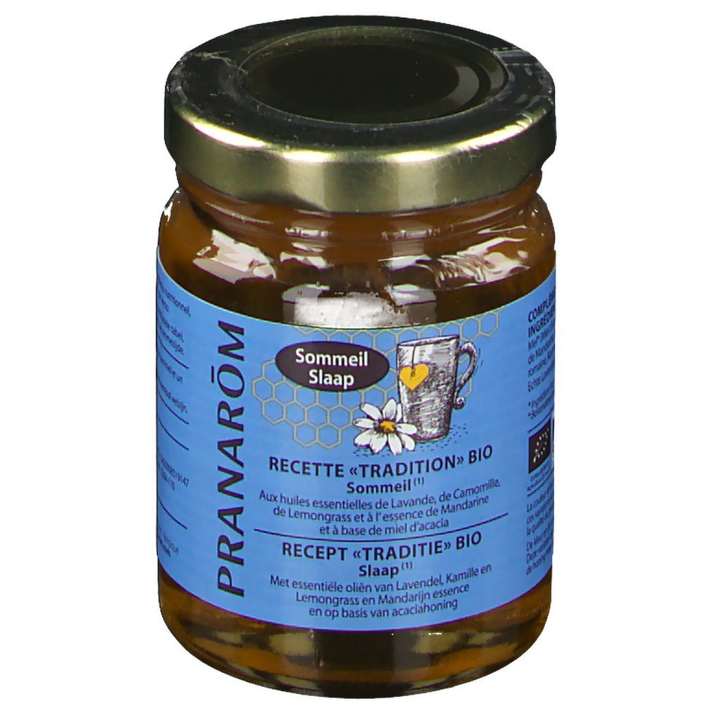 Glazen pot honing. Blauw etiket met tekst en logo. Opschrift: PRANAROM, Sommeil, Slaap. Bio-certificering.