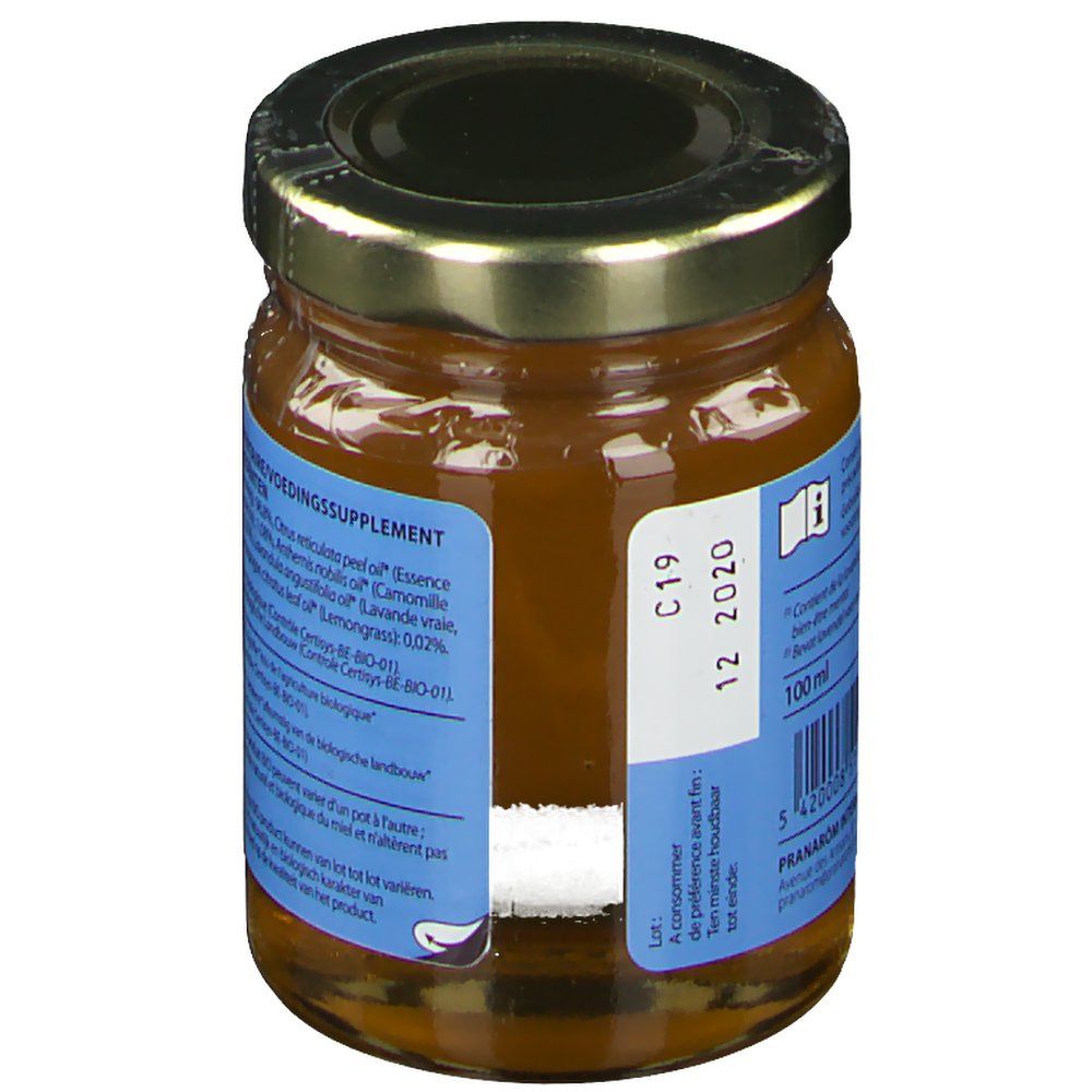 Honingpot met etiket. Opschrift: 100 ml. Ten minste houdbaar tot: 12 2020. Bio-certificering. Tekst: complément alimentaire/voedingssupplement.