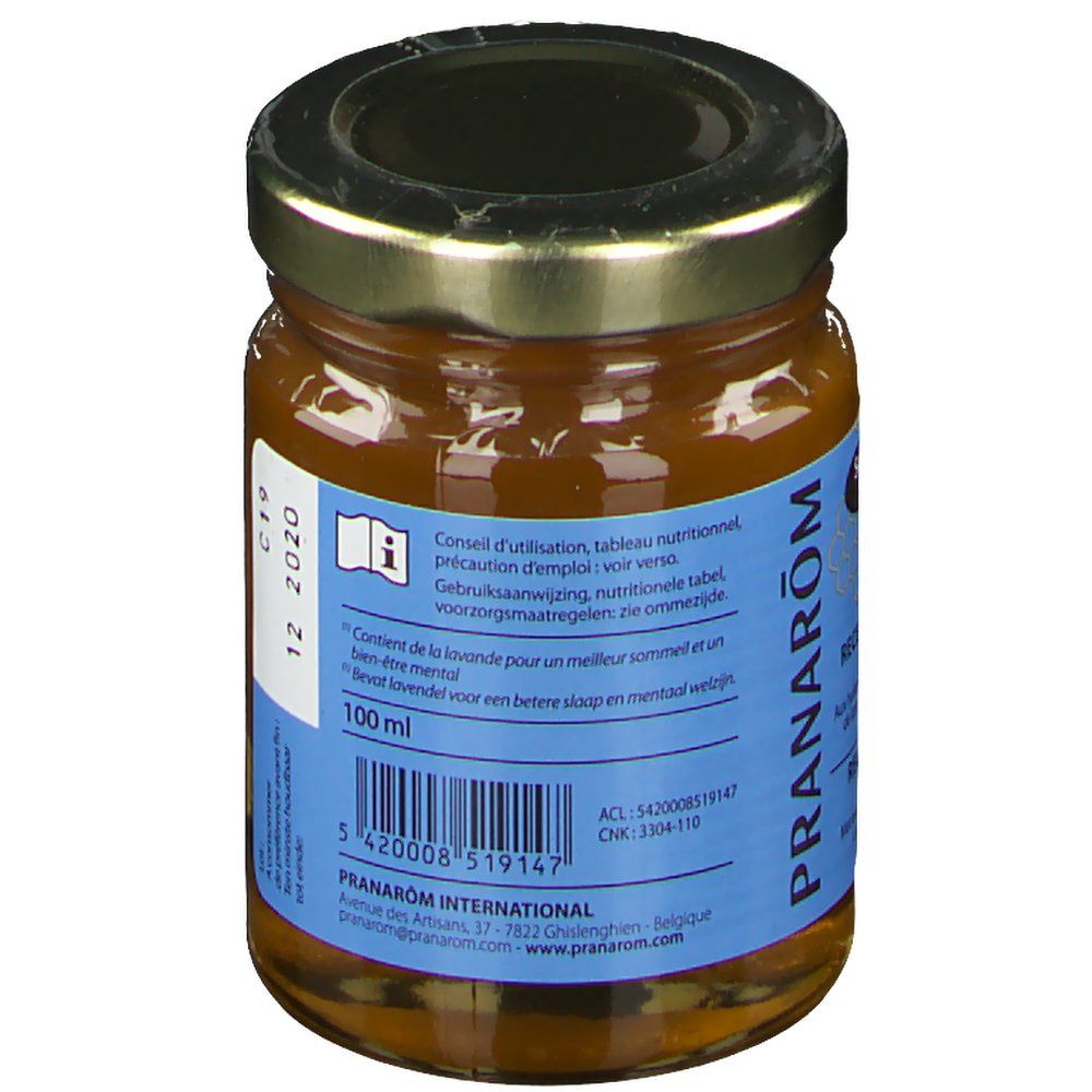 Honingpot met etiket. Opschrift: 100 ml. Barcode en tekst: PRANAROM INTERNATIONAL. Bio-certificering.