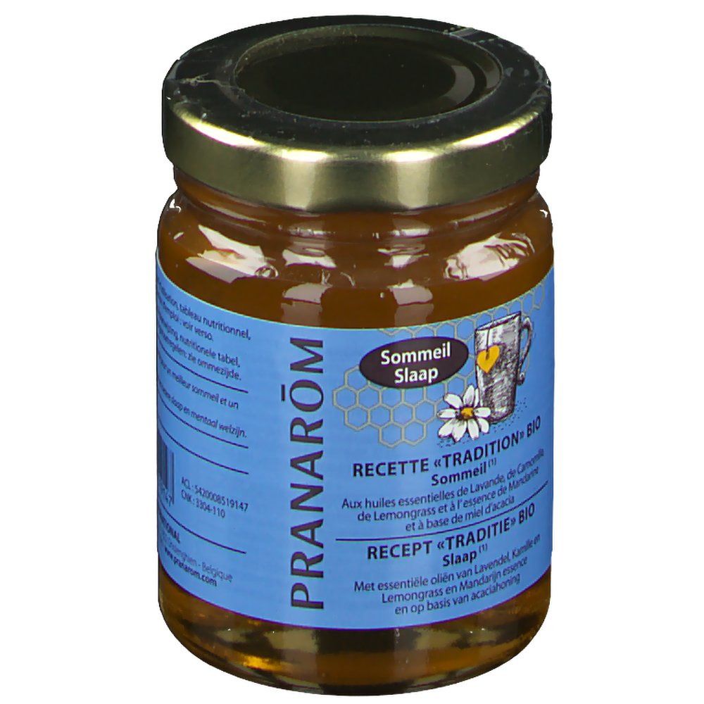 Honingpot met blauw etiket. Opschrift: PRANAROM, Sommeil, Slaap. Bio-certificering. Illustratie van kamille.