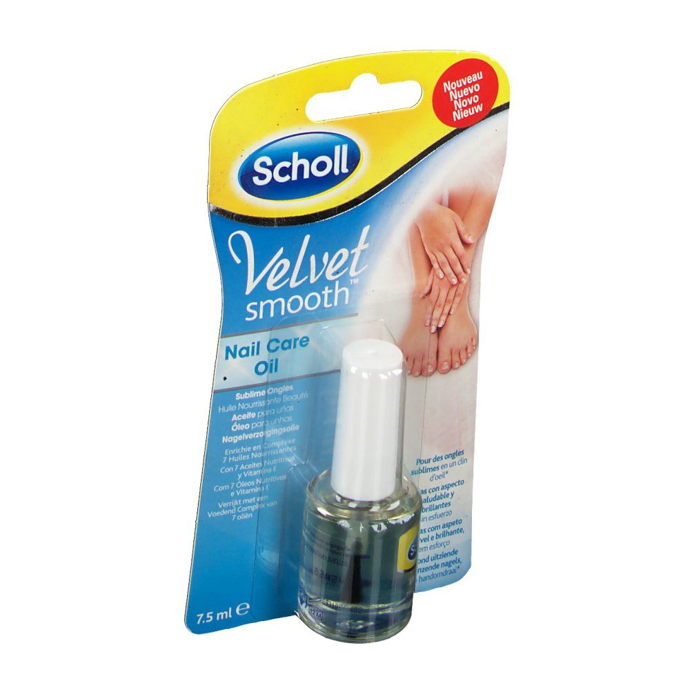 Huile pour les ongles Scholl Velvet Smooth, en emballage. Flacon avec bouchon blanc. Inscription: Velvet Smooth Nail Care Oil.