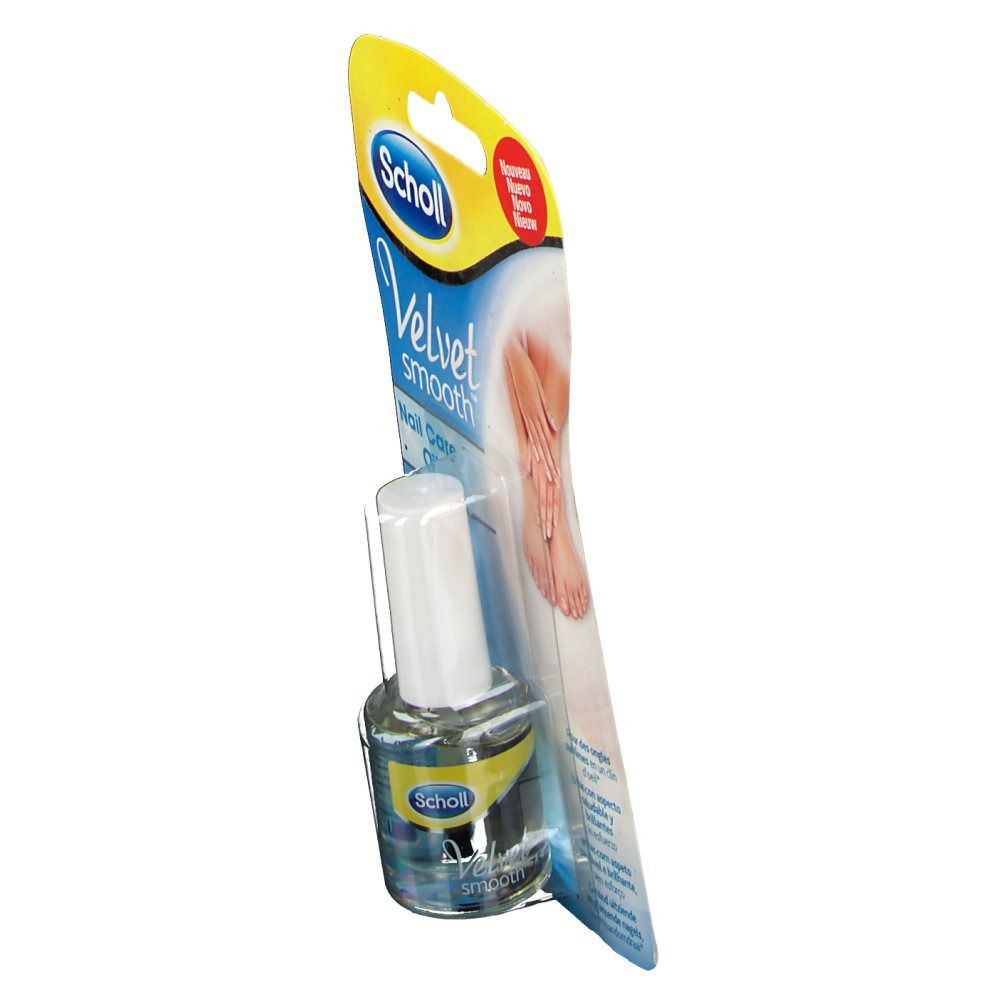 Huile pour les ongles Scholl Velvet Smooth, en emballage. Flacon avec bouchon blanc. Inscription: Velvet Smooth Nail Care Oil.