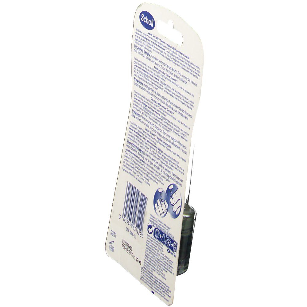 Dos de l'emballage de l'huile pour les ongles Scholl Velvet Smooth. Texte multilingue. Code-barres et informations.