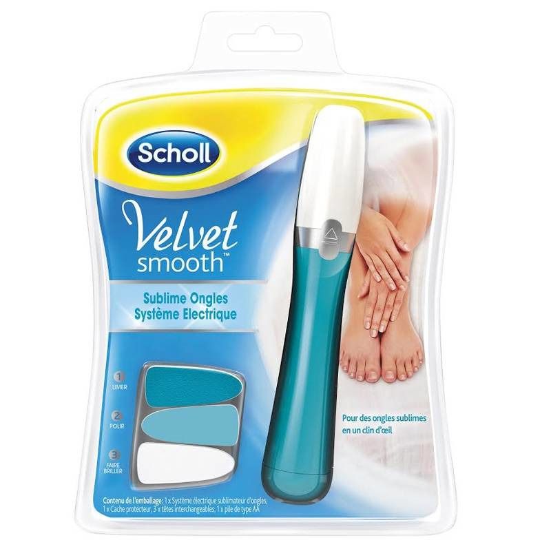 Emballage du système électrique pour ongles. Comprend un appareil, des embouts et un étui de protection. Marque : Scholl. Texte : Velvet smooth, Sublime Ongles.
