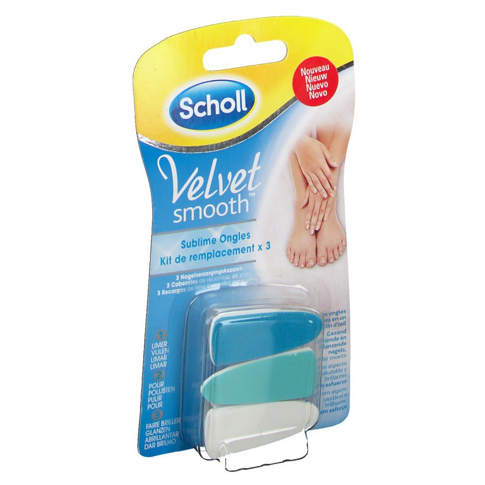 Scholl Velvet Smooth vervangingsset. Drie blauwe, turquoise en witte koppen. Verpakking met productnaam en illustratie.