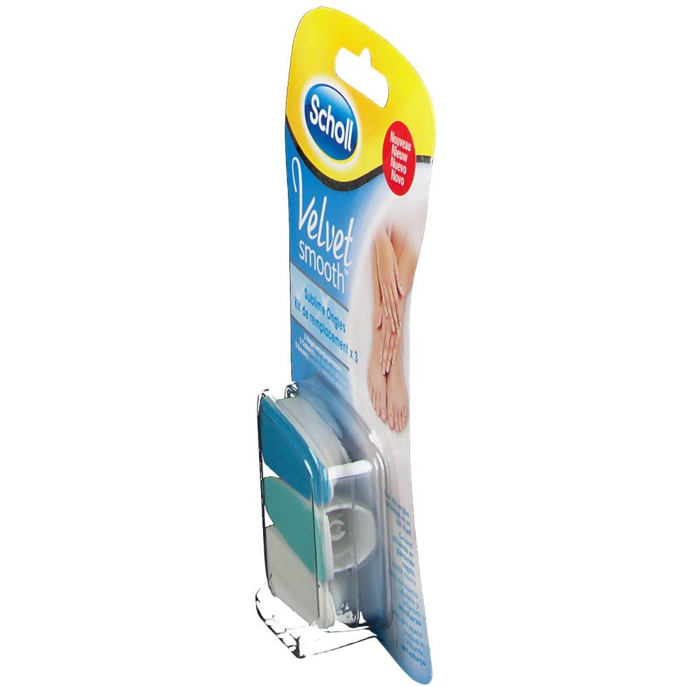 Scholl Velvet Smooth vervangingsset. Zijaanzicht van de verpakking met drie koppen. Productnaam en logo zichtbaar.
