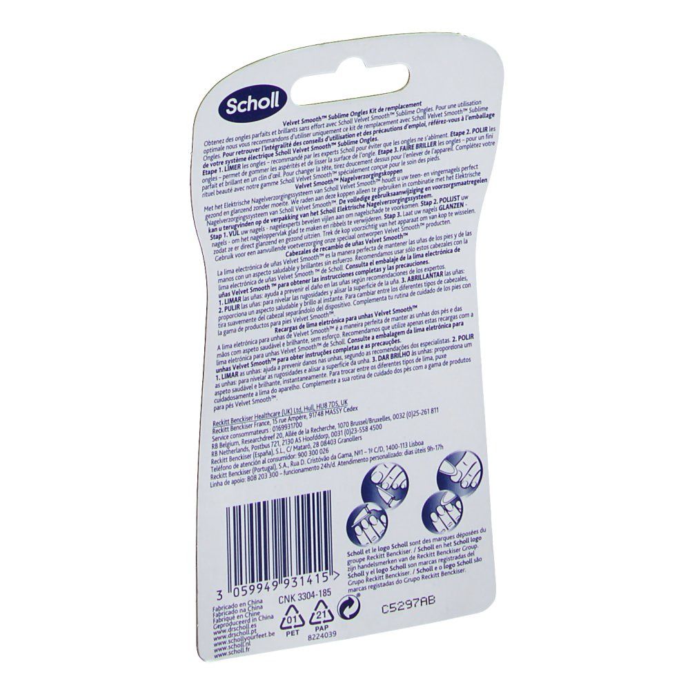 Achterkant van de Scholl Velvet Smooth verpakking. Tekstinformatie, barcode en logo's. Drie gebruikssymbolen.