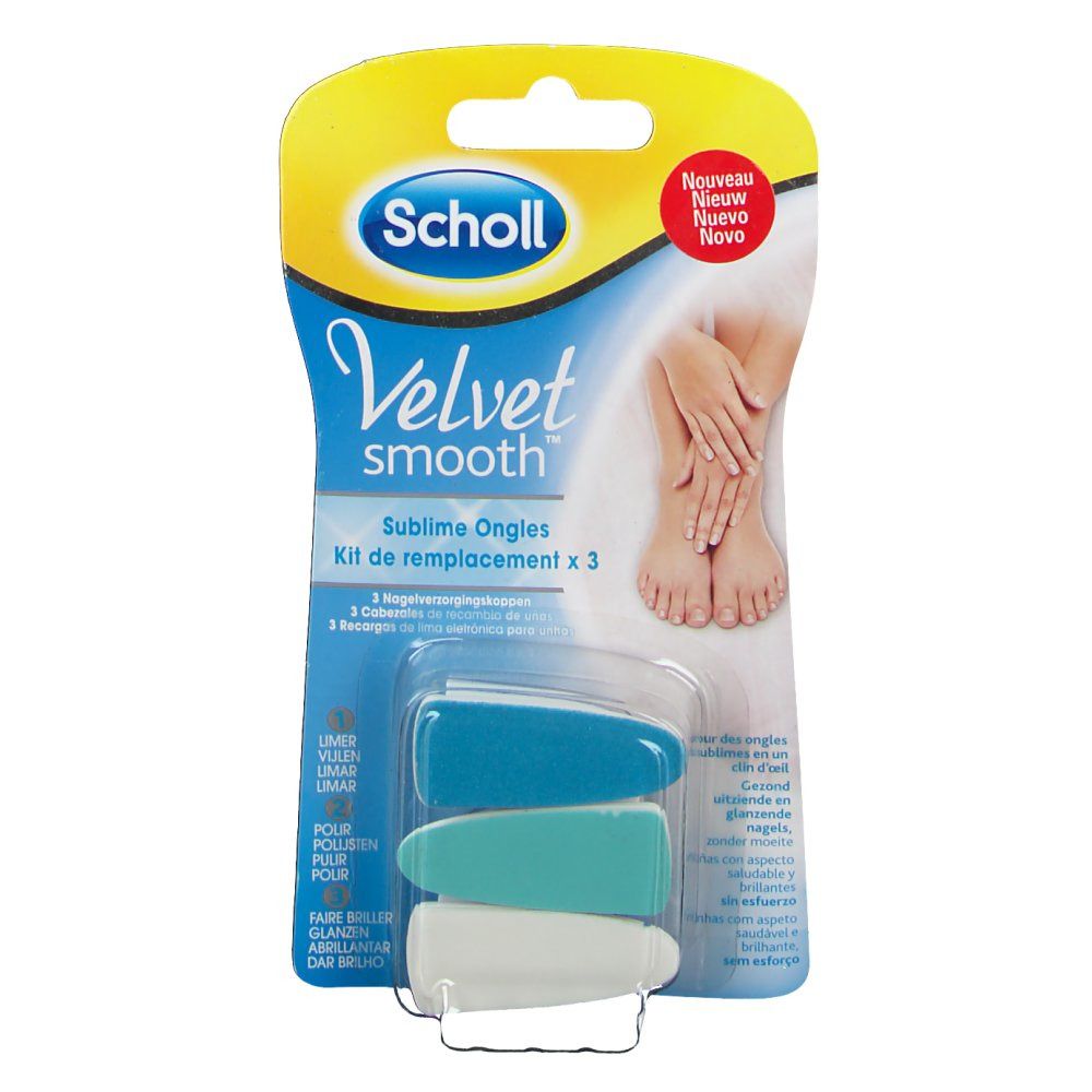 Scholl Velvet Smooth vervangingsset. Drie blauwe, turquoise en witte koppen. Verpakking met productnaam en illustratie.