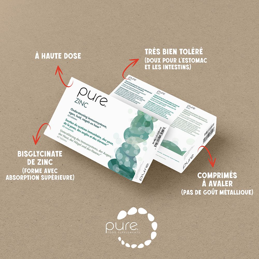 Boîte blanche avec logo "pure ZINC". Contient 60 comprimés. Texte en néerlandais, français et allemand.