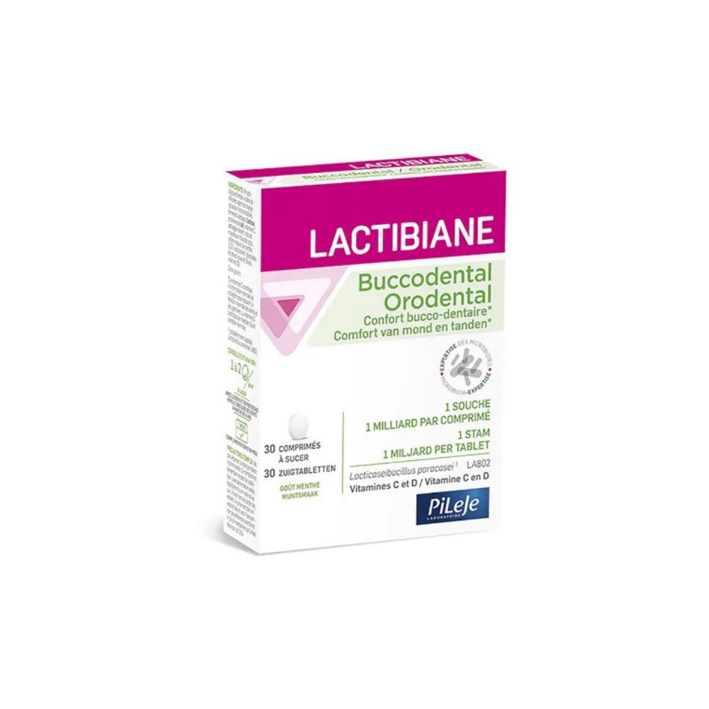 Verpakking van LACTIBIANE Buccodental Orodental. Bevat 30 tabletten. Merk PiLeje. Tekst: 1 miljard per tablet.