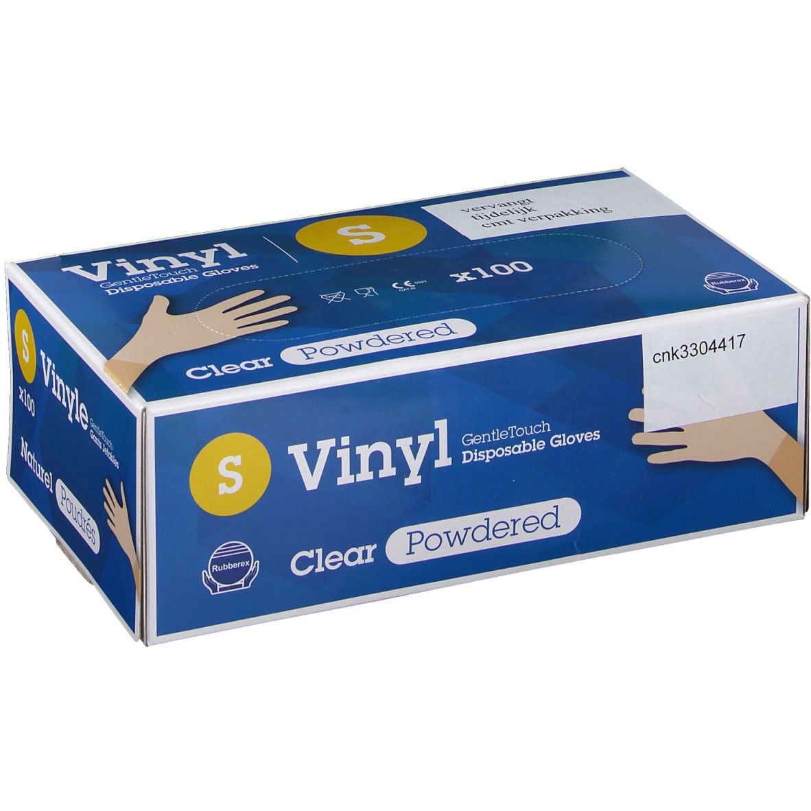 Boîte de gants jetables Vinyl Gentle Touch clairs, taille S, poudrés. Emballage bleu avec nom du produit et illustration de mains.