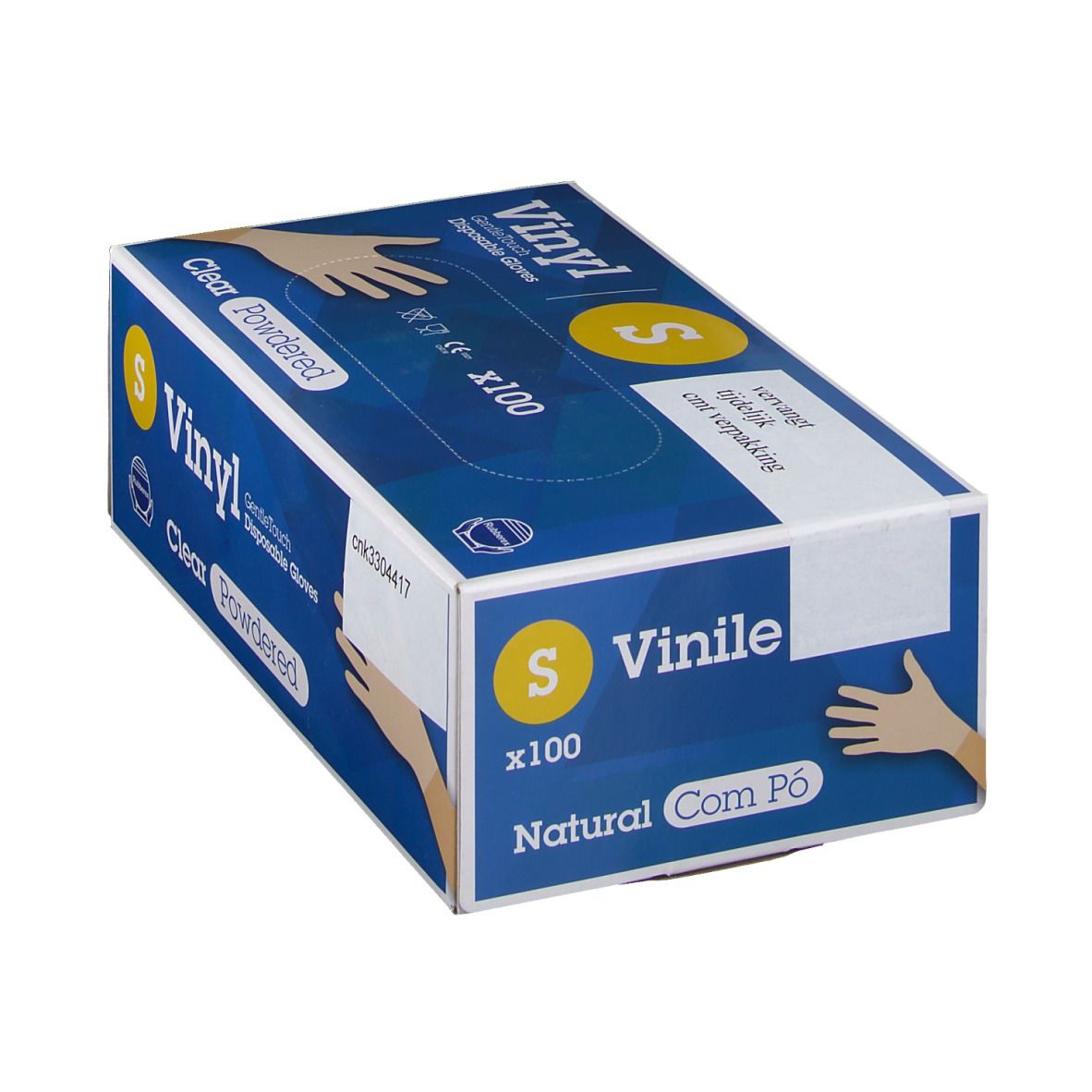 Boîte de gants jetables Vinyl Gentle Touch clairs, taille S, poudrés. Emballage bleu avec nom du produit et illustration de mains.