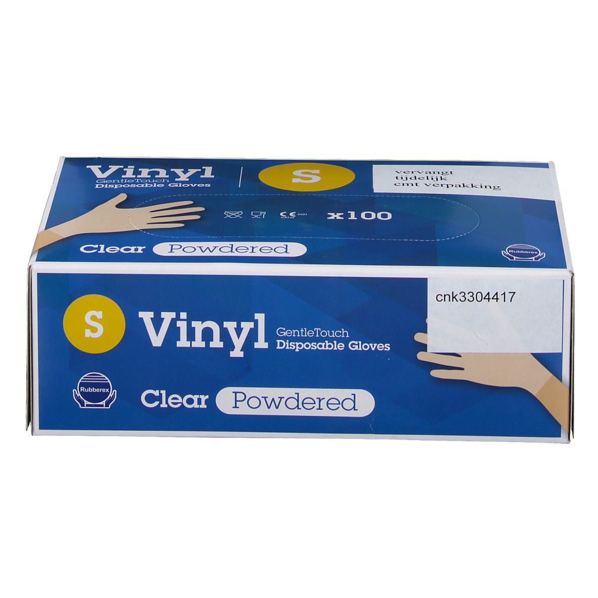 Boîte de gants jetables Vinyl Gentle Touch clairs, taille S, poudrés. Emballage bleu avec nom du produit et illustration de mains.