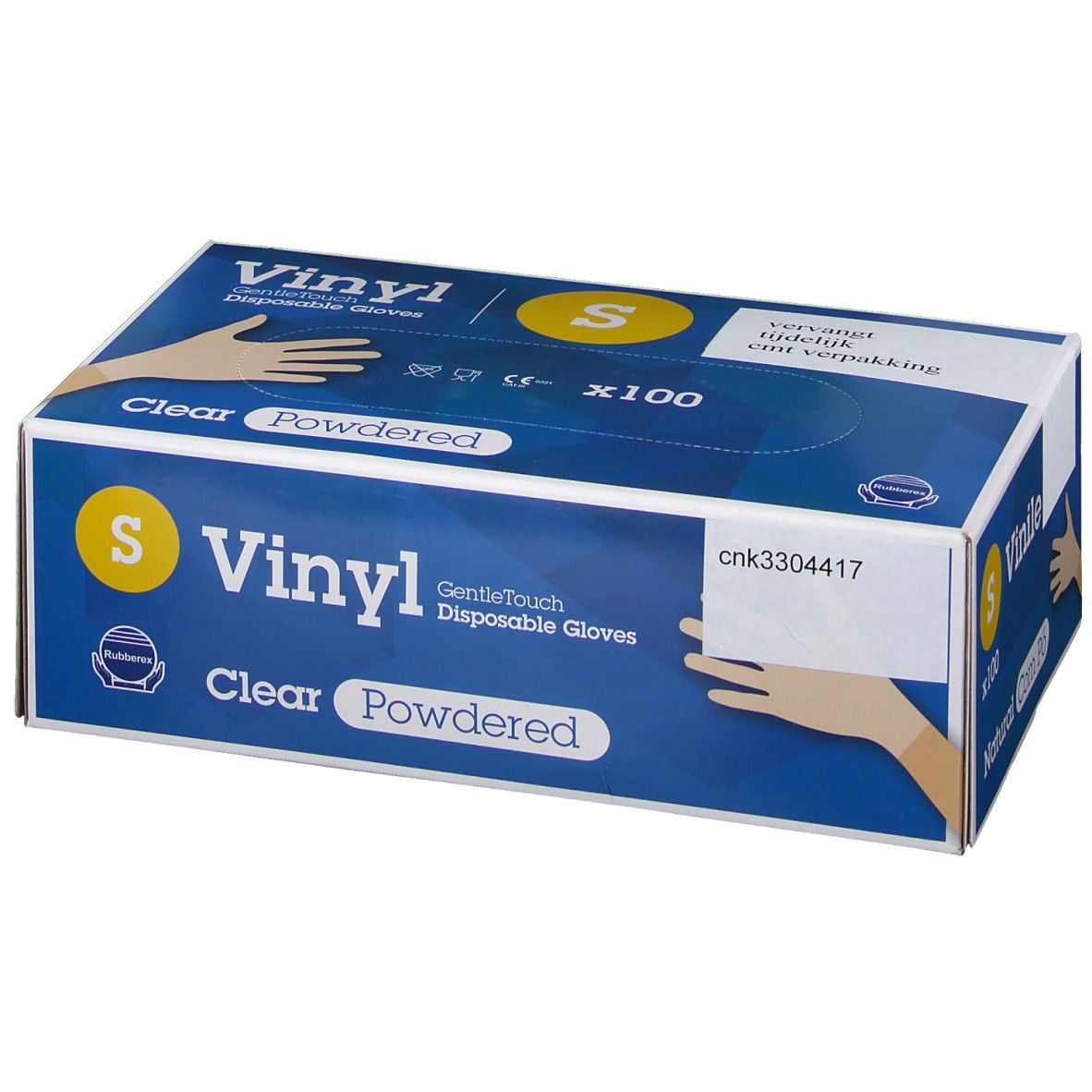 Boîte de gants jetables Vinyl Gentle Touch clairs, taille S, poudrés. Emballage bleu avec nom du produit et illustration de mains.