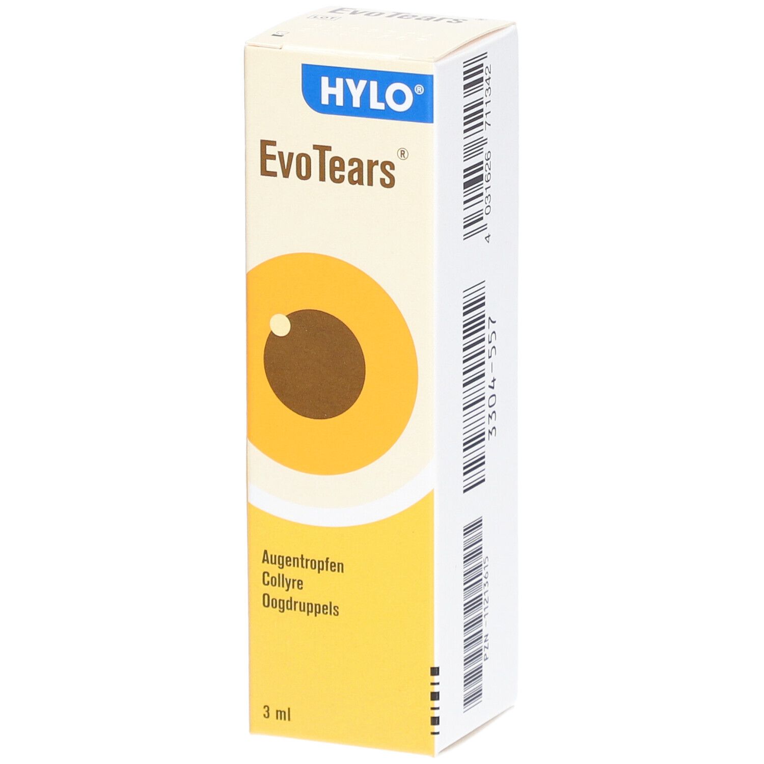 Boîte EvoTears avec logo et nom du produit. Contient des gouttes ophtalmiques. Fond jaune avec représentation d'un œil.