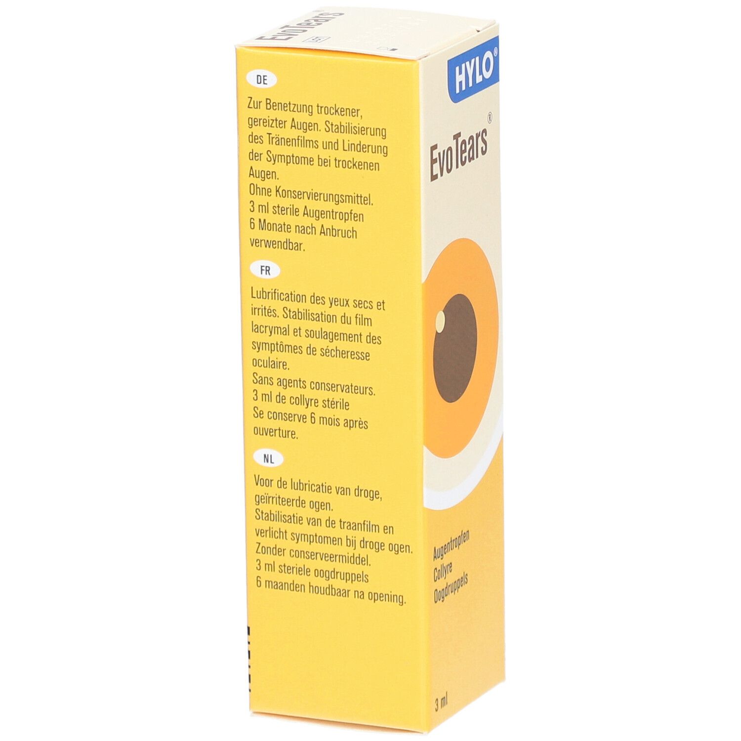 Vue latérale de l'emballage EvoTears. Texte en allemand, français et néerlandais. Contient des informations sur le produit.