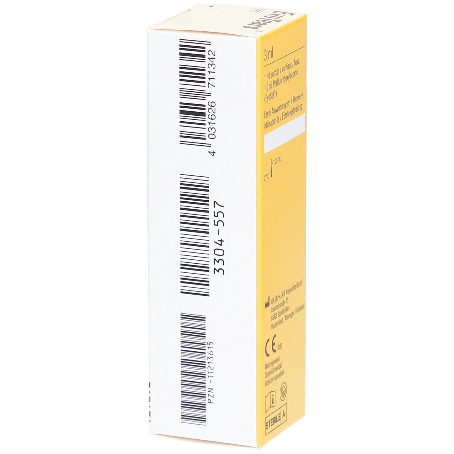 Dos de l'emballage EvoTears. Code-barres, numéro de lot et autres informations sur le produit.