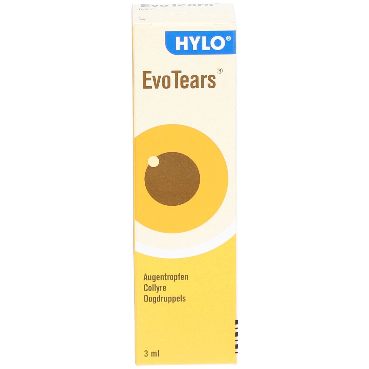 Vue de face de l'emballage EvoTears. Nom du produit, logo et représentation de l'œil sur fond jaune.