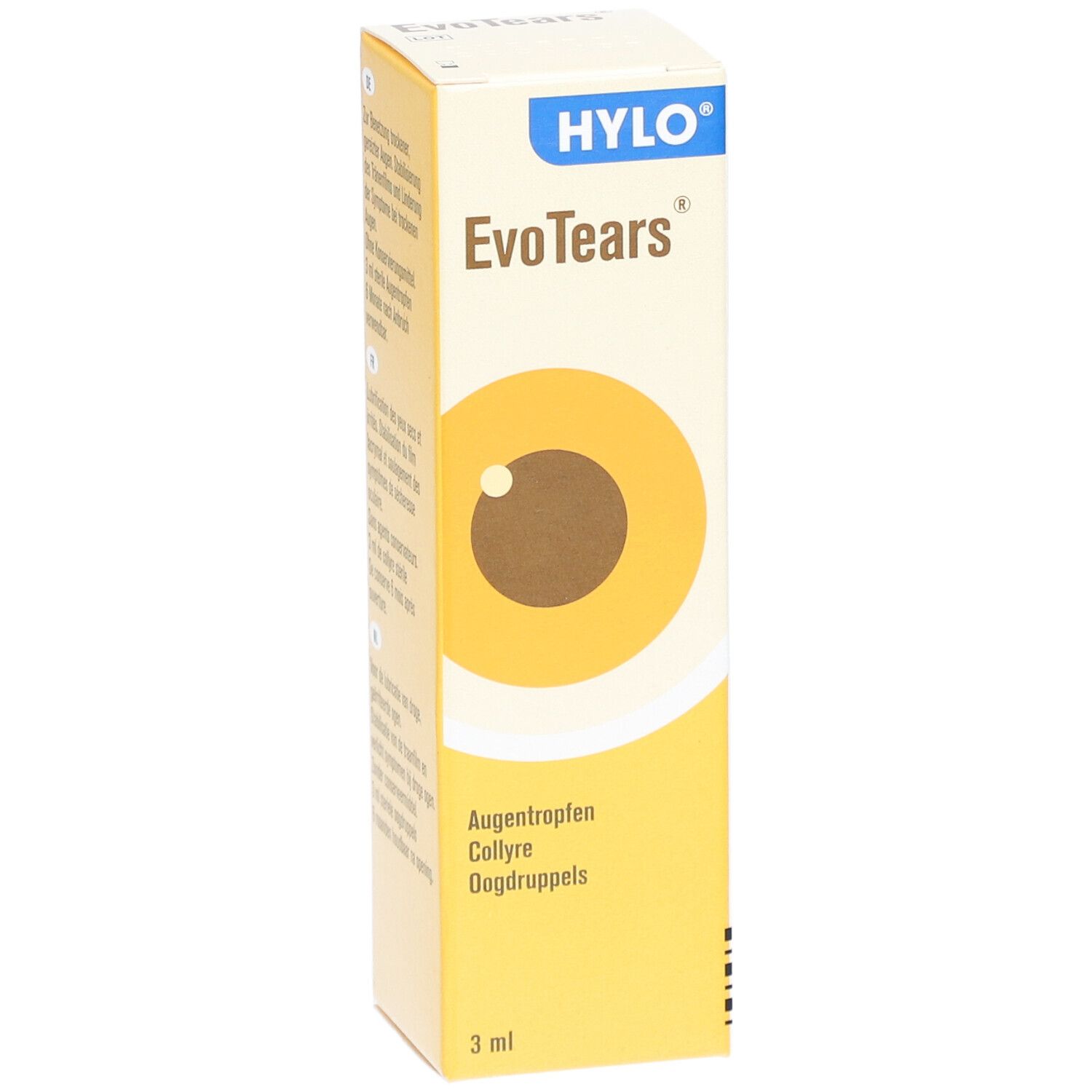 Vue de face de l'emballage EvoTears. Nom du produit, logo et représentation de l'œil sur fond jaune.