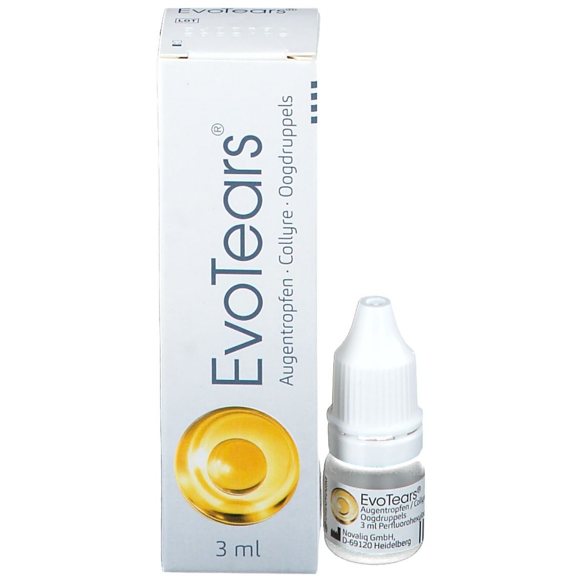 Emballage EvoTears avec flacon. Le flacon et l'emballage affichent le nom et le logo du produit. 3 ml.