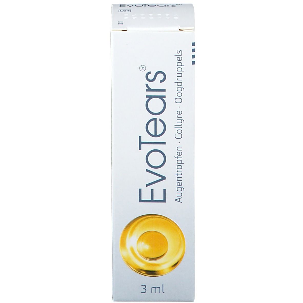Emballage EvoTears. Nom du produit, logo et désignation des gouttes ophtalmiques. 3 ml.