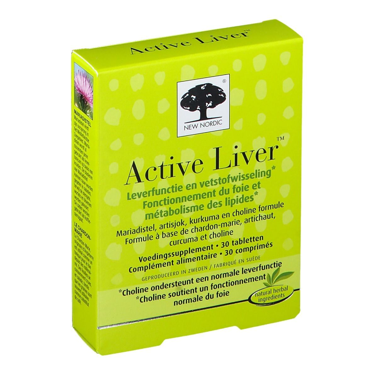 Gele doos met "Active Liver". Bevat 30 tabletten. Merk: New Nordic. Tekst in meerdere talen.