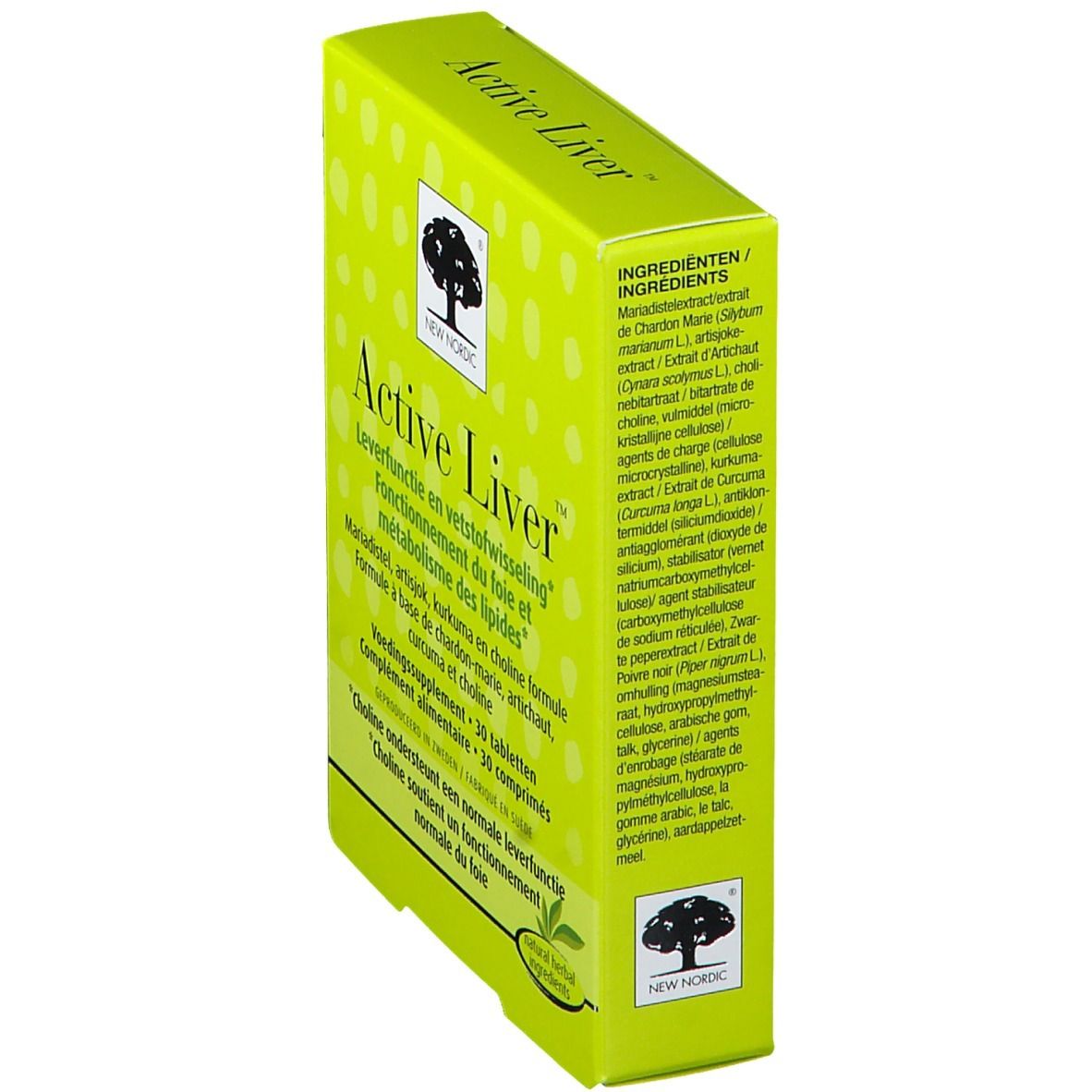 Gele doos met "Active Liver". Bevat 30 tabletten. Merk: New Nordic. Tekst in meerdere talen.