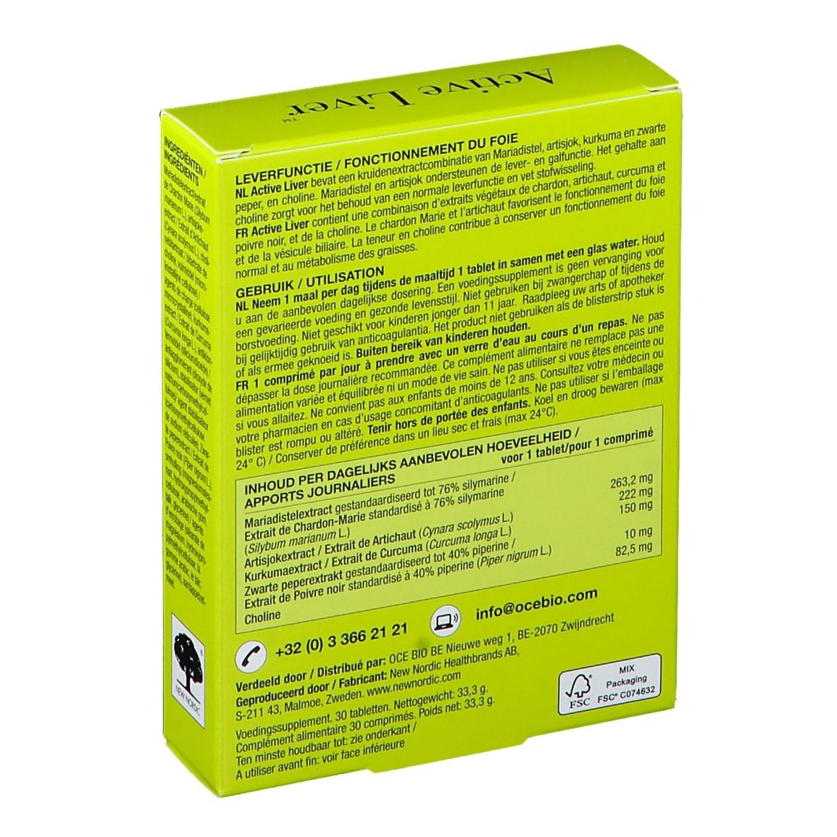 Gele doos met "Active Liver". Bevat 30 tabletten. Merk: New Nordic. Tekst in meerdere talen.