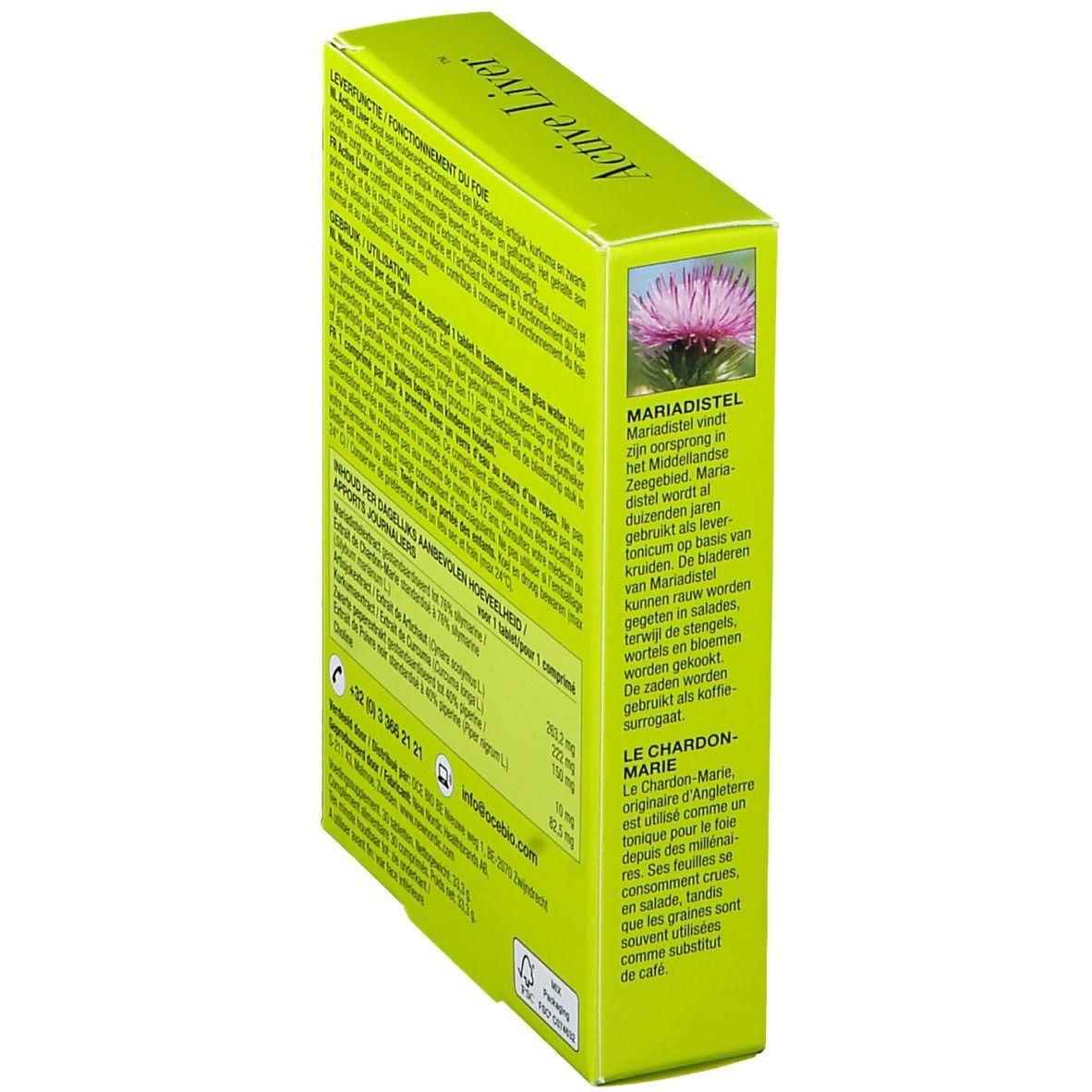 Gele doos met "Active Liver". Bevat 30 tabletten. Merk: New Nordic. Tekst in meerdere talen.