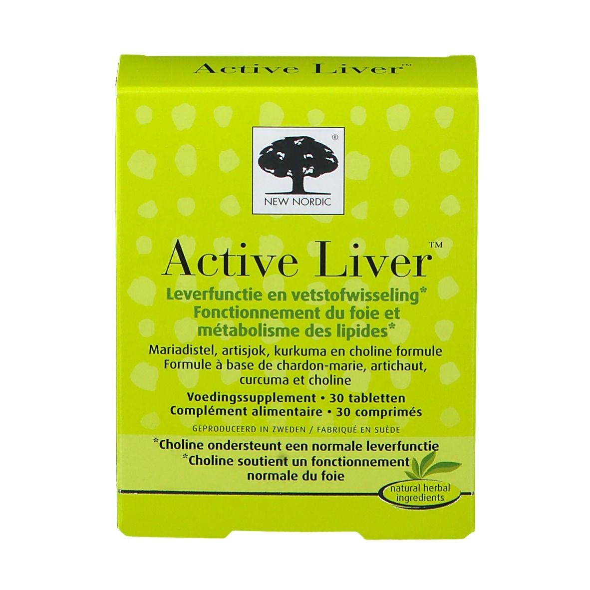 Gele doos met "Active Liver". Bevat 30 tabletten. Merk: New Nordic. Tekst in meerdere talen.