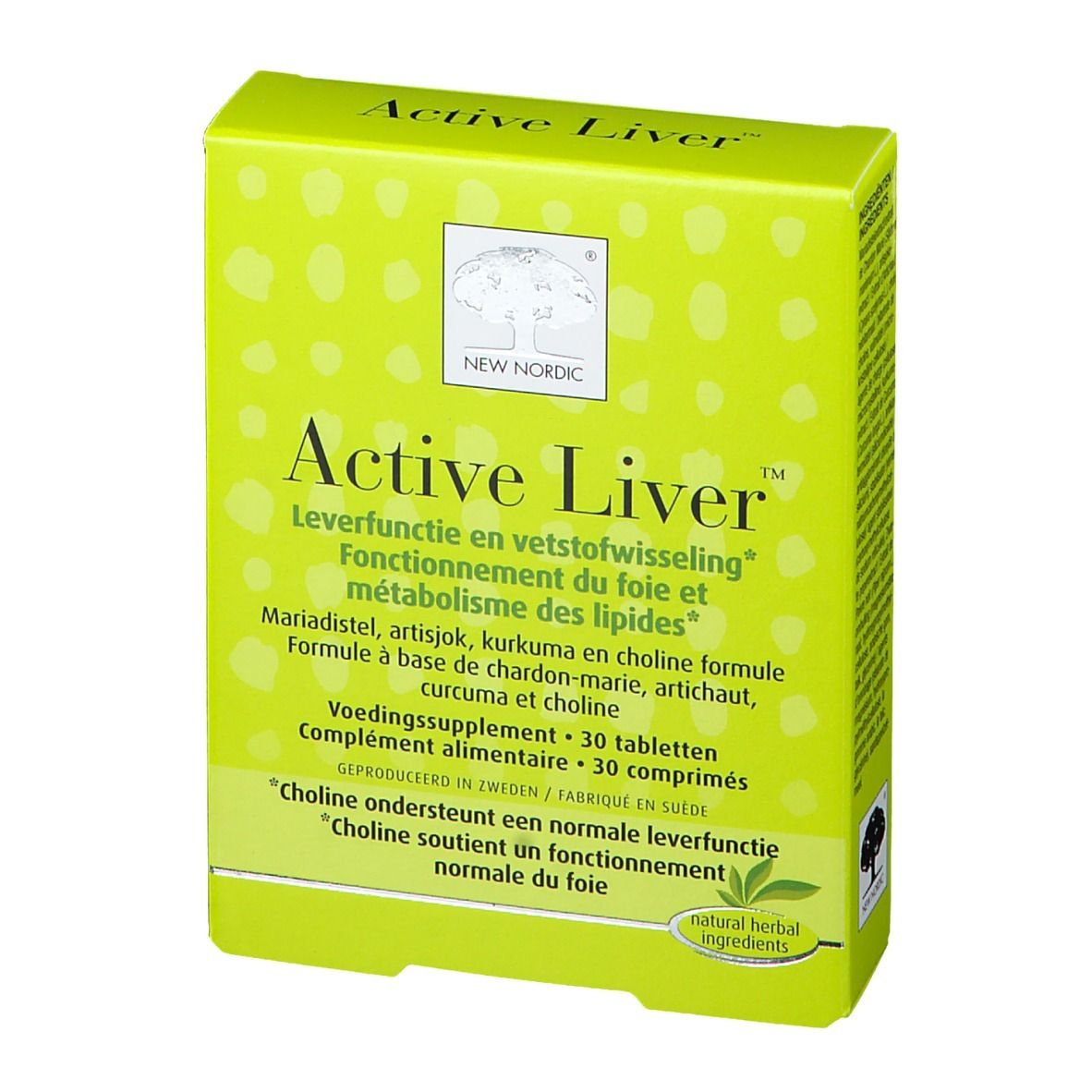 Gele doos met "Active Liver". Bevat 30 tabletten. Merk: New Nordic. Tekst in meerdere talen.