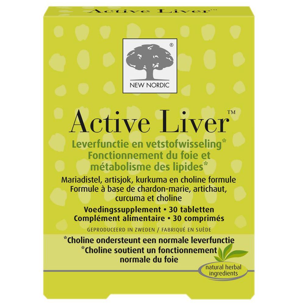 Gele doos met "Active Liver". Bevat 30 tabletten. Merk: New Nordic. Tekst in meerdere talen.