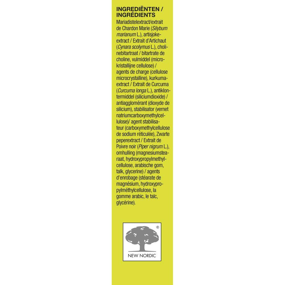 Achterkant van de gele "Active Liver" doos. Bevat ingrediëntenlijst en info. Merk: New Nordic.