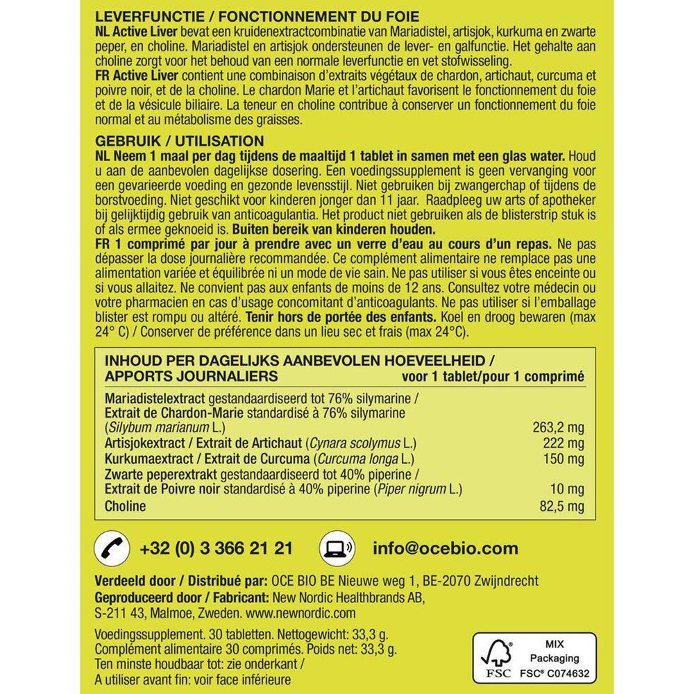 Achterkant van de gele "Active Liver" doos. Bevat informatie en ingrediënten. Merk: New Nordic.
