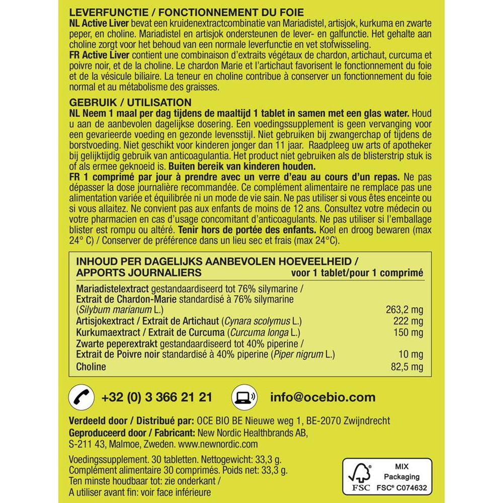 Achterkant van de gele "Active Liver" doos. Bevat informatie en ingrediënten. Merk: New Nordic.
