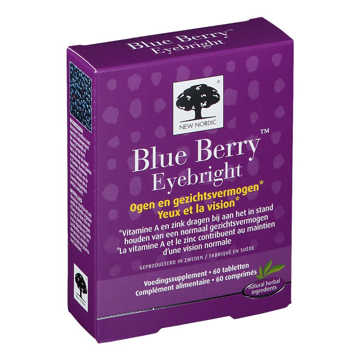 Boîte violette avec nom et logo du produit. Contient 60 comprimés. Texte en néerlandais, français et anglais.