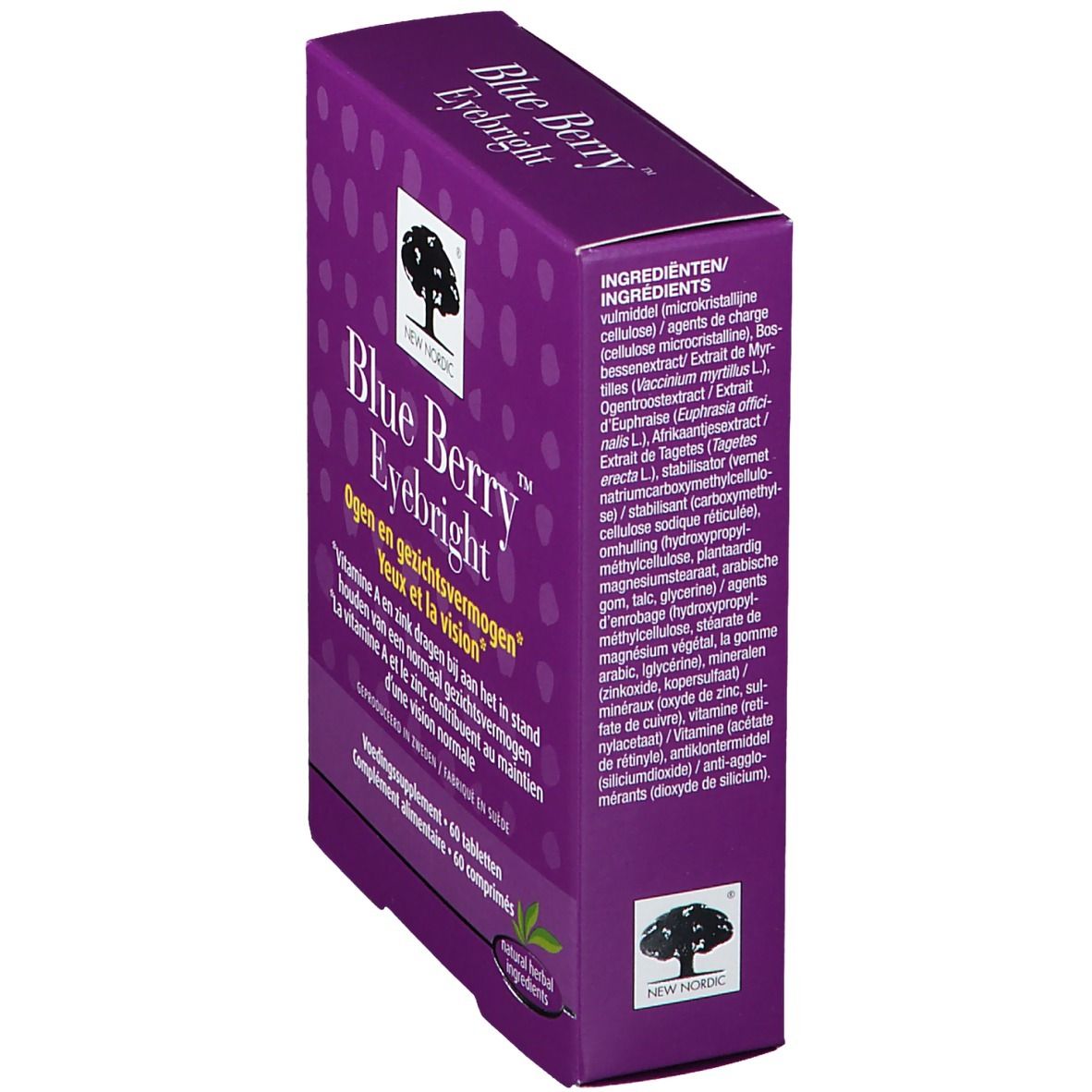 Boîte violette avec nom et logo du produit. Contient 60 comprimés. Texte en néerlandais, français et anglais.