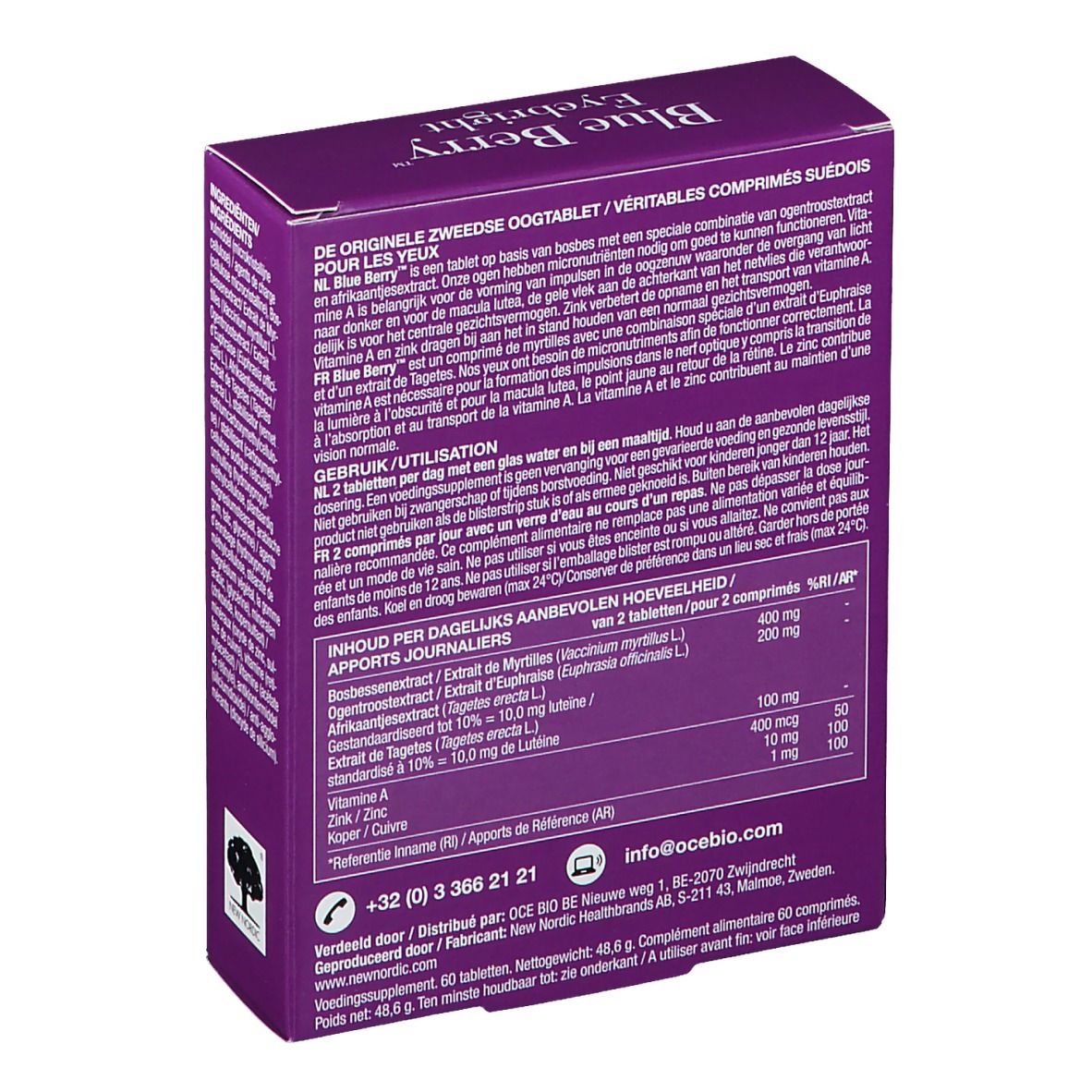 Boîte violette avec nom et logo du produit. Contient 60 comprimés. Texte en néerlandais, français et anglais.